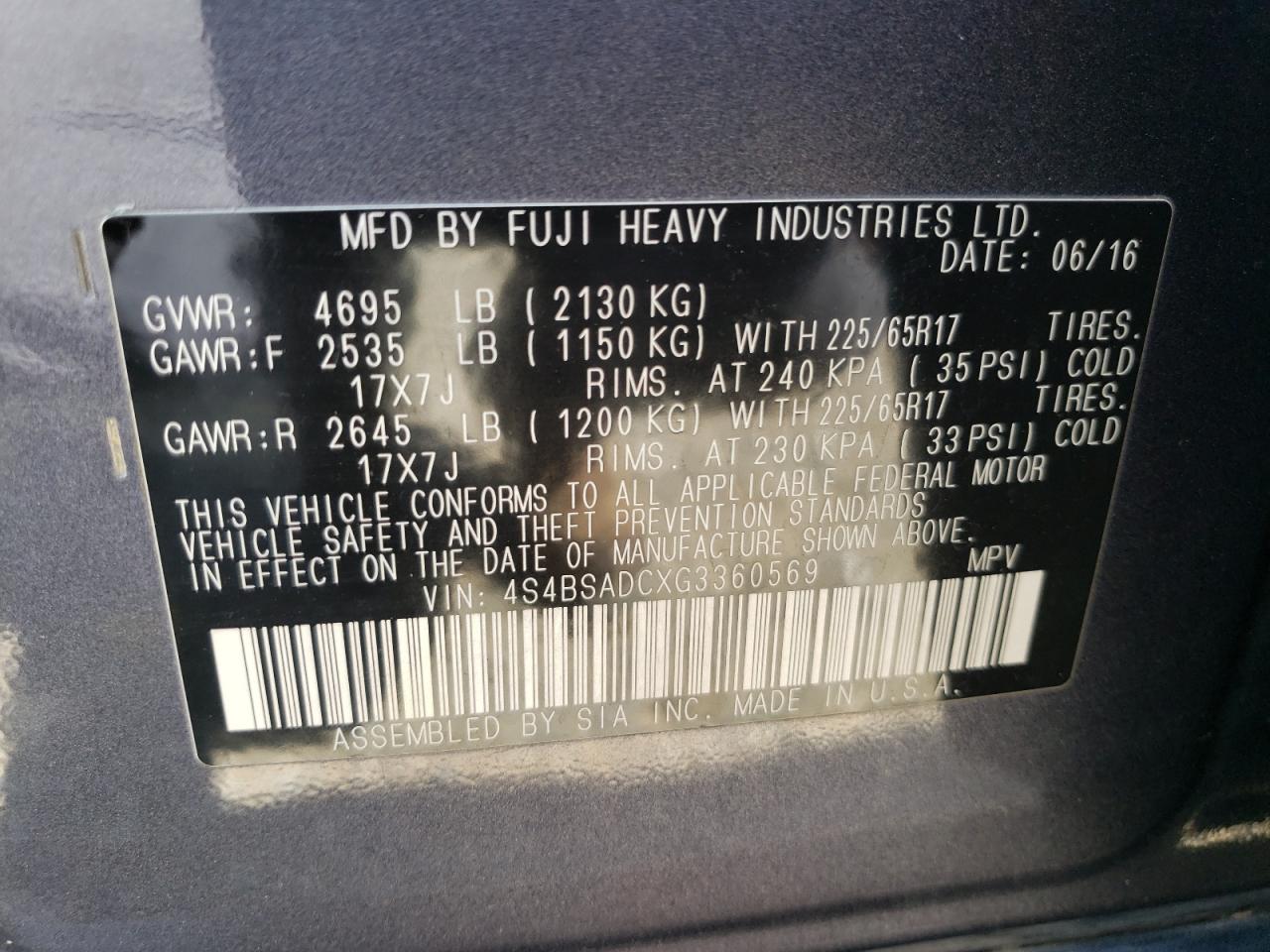 4S4BSADCXG3360569 2016 Subaru Outback 2.5I Premium