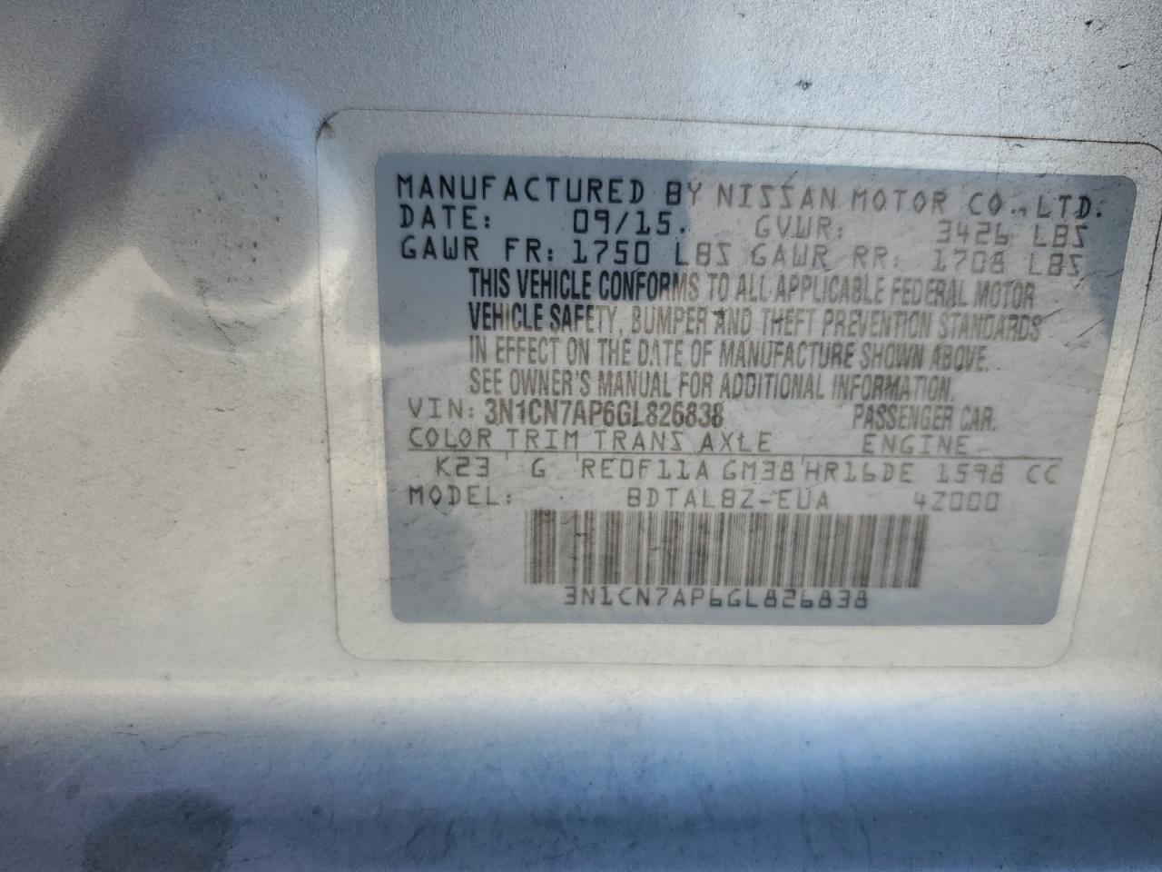 3N1CN7AP6GL826838 2016 Nissan Versa S