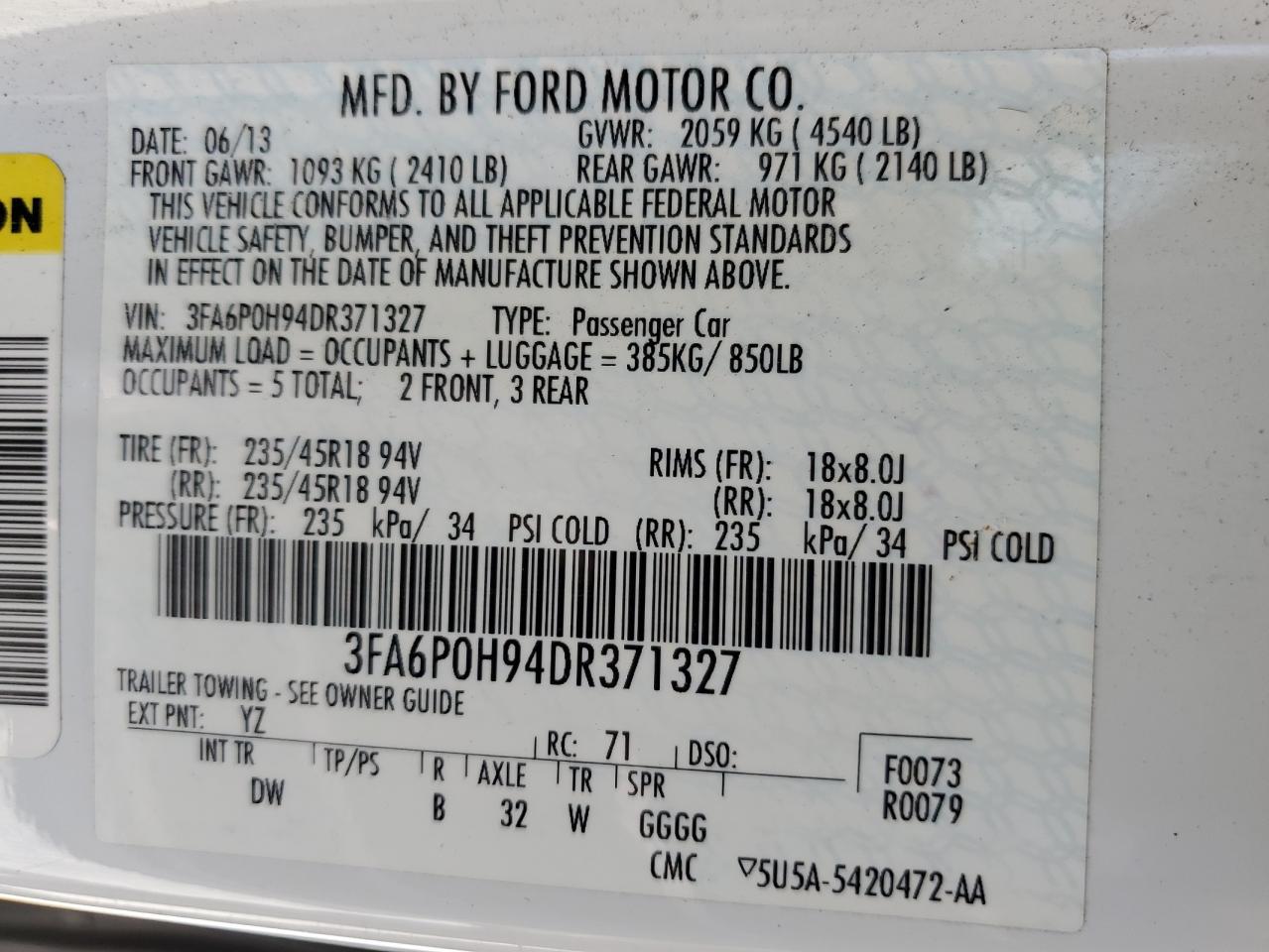 3FA6P0H94DR371327 2013 Ford Fusion Se