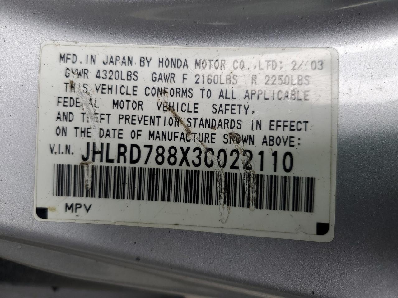 JHLRD788X3C022110 2003 Honda Cr-V Ex