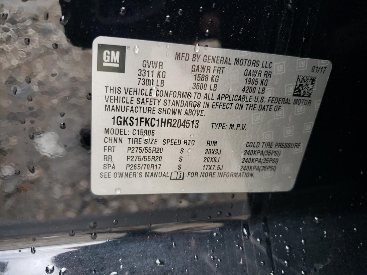 1GKS1FKC1HR204513 2017 GMC Yukon Xl C1500 Sle