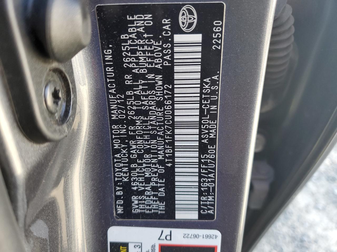 4T1BF1FK7CU066172 2012 Toyota Camry Base