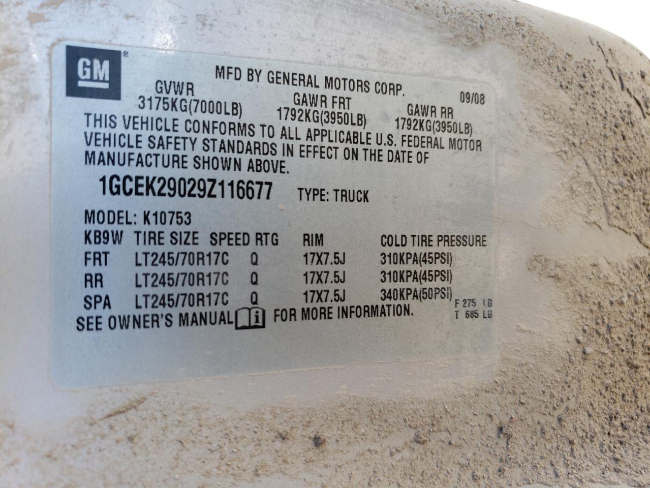 1GCEK29029Z116677 2009 Chevrolet Silverado K1500 Lt