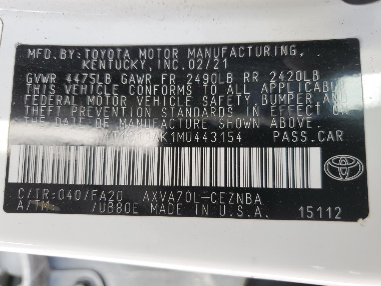 4T1C11AK1MU443154 2021 Toyota Camry Le
