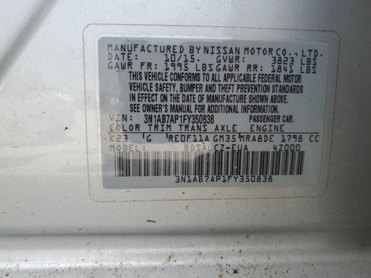 3N1AB7AP1FY350838 2015 Nissan Sentra S