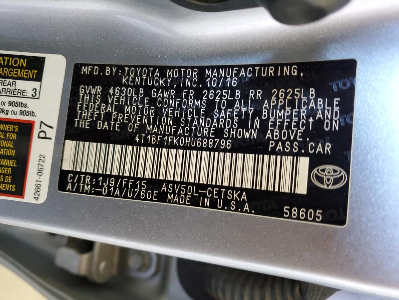 4T1BF1FK0HU688796 2017 Toyota Camry Le