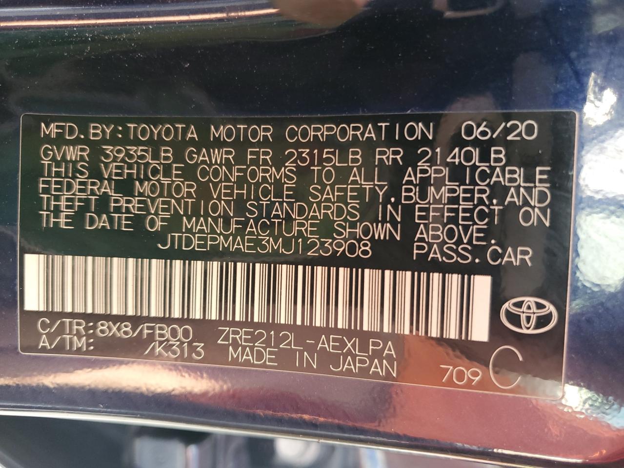 VIN: JTDEPMAE3MJ123908 2021 TOYOTA COROLLA