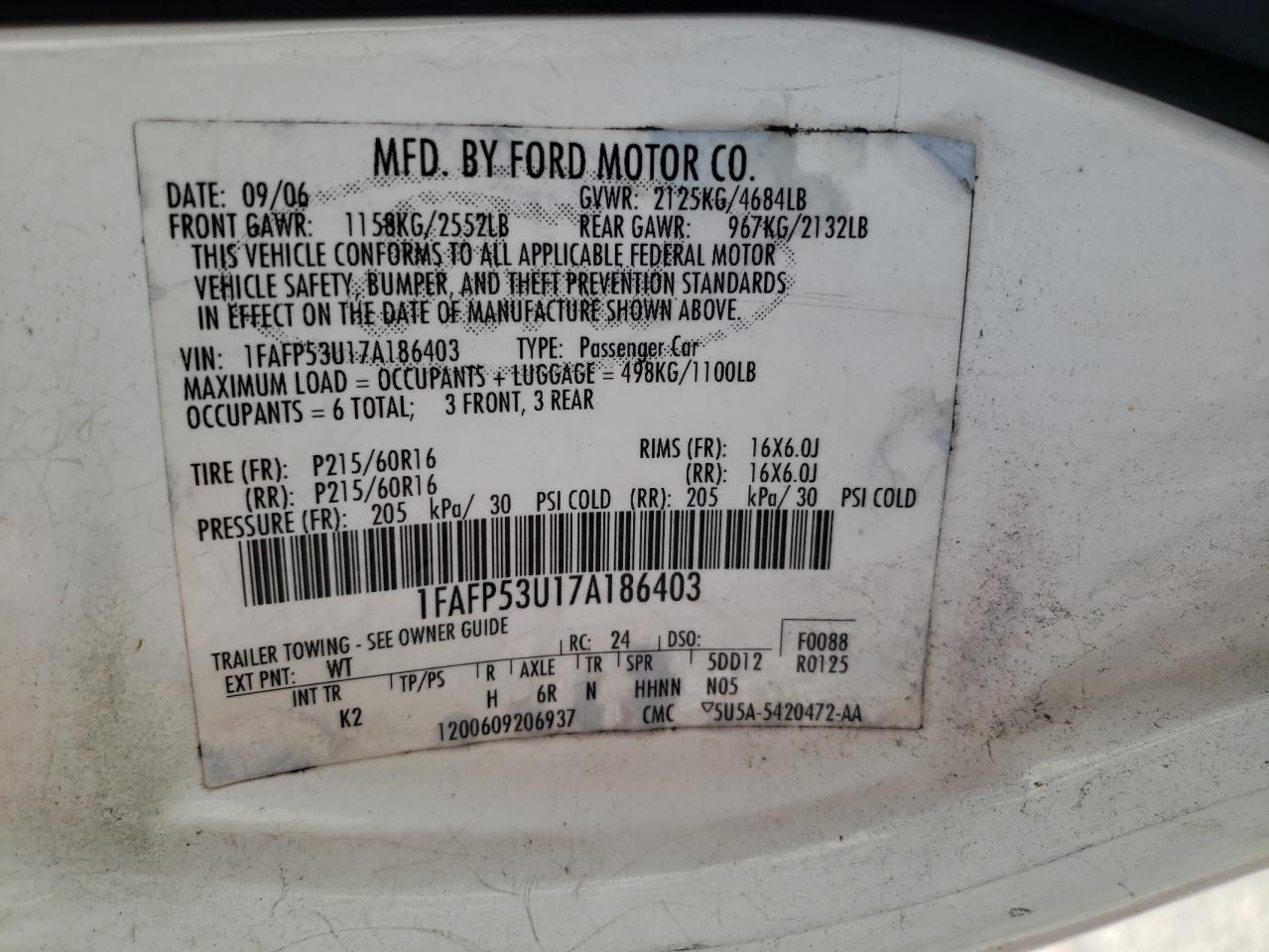 1FAFP53U17A186403 2007 Ford Taurus Se