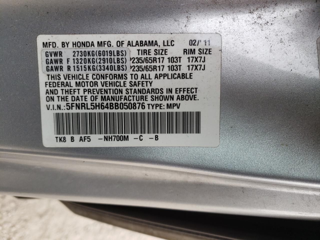 5FNRL5H64BB050876 2011 Honda Odyssey Exl