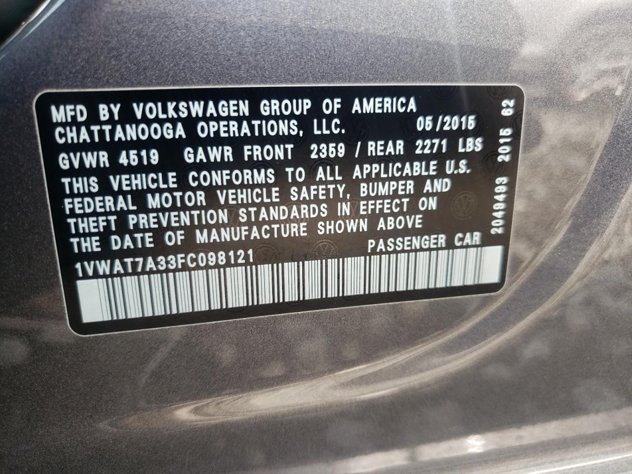 1VWAT7A33FC098121 2015 Volkswagen Passat S