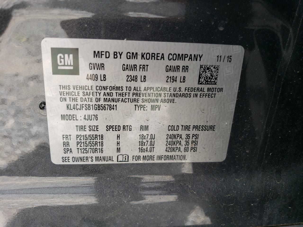 KL4CJFSB1GB567841 2016 Buick Encore Convenience