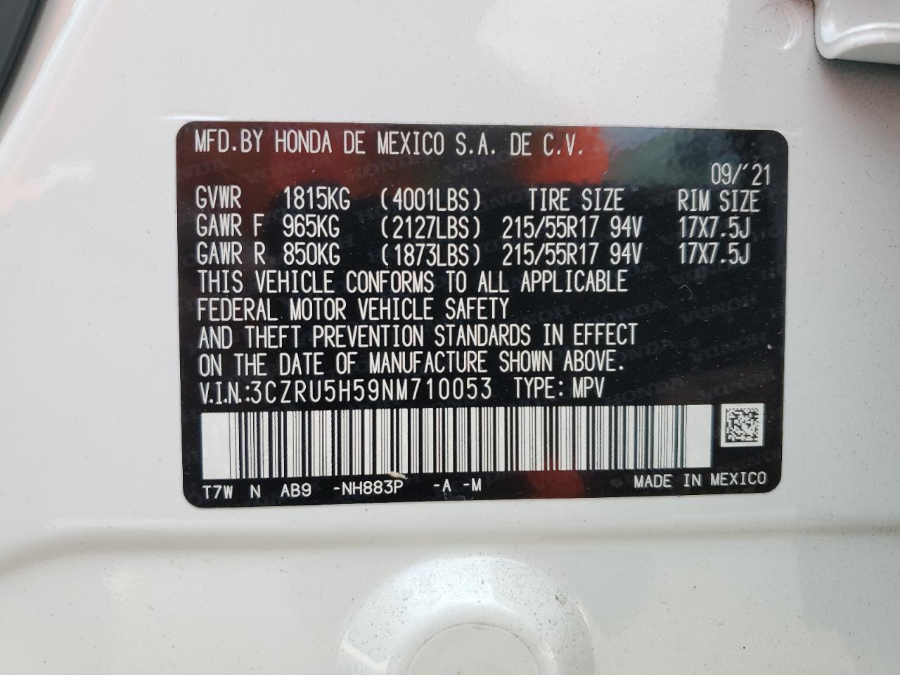 3CZRU5H59NM710053 2022 Honda Hr-V Ex