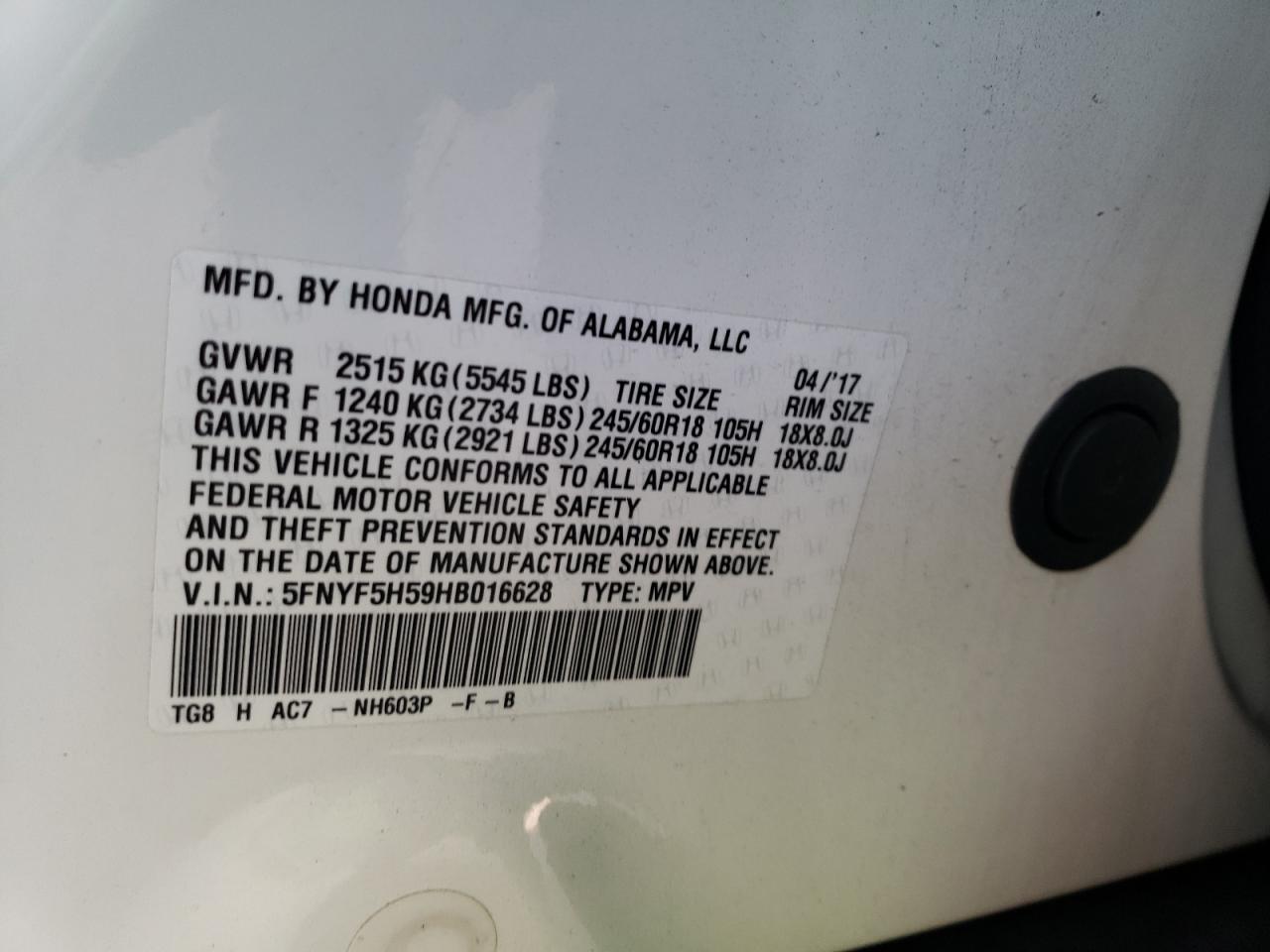 5FNYF5H59HB016628 2017 Honda Pilot Exl