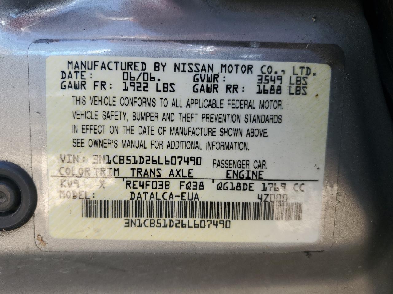 3N1CB51D26L607490 2006 Nissan Sentra 1.8