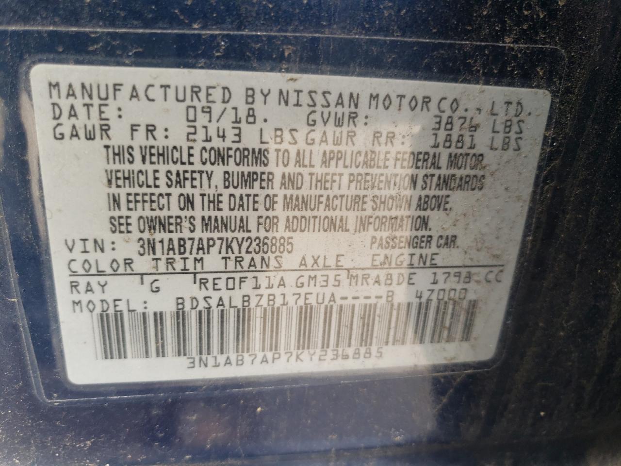 3N1AB7AP7KY236885 2019 Nissan Sentra S