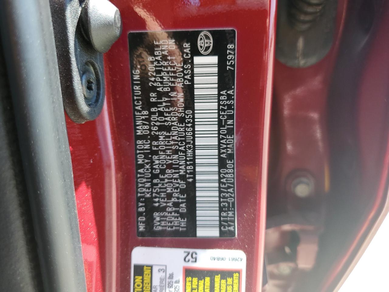 4T1B11HK3JU664350 2018 Toyota Camry L