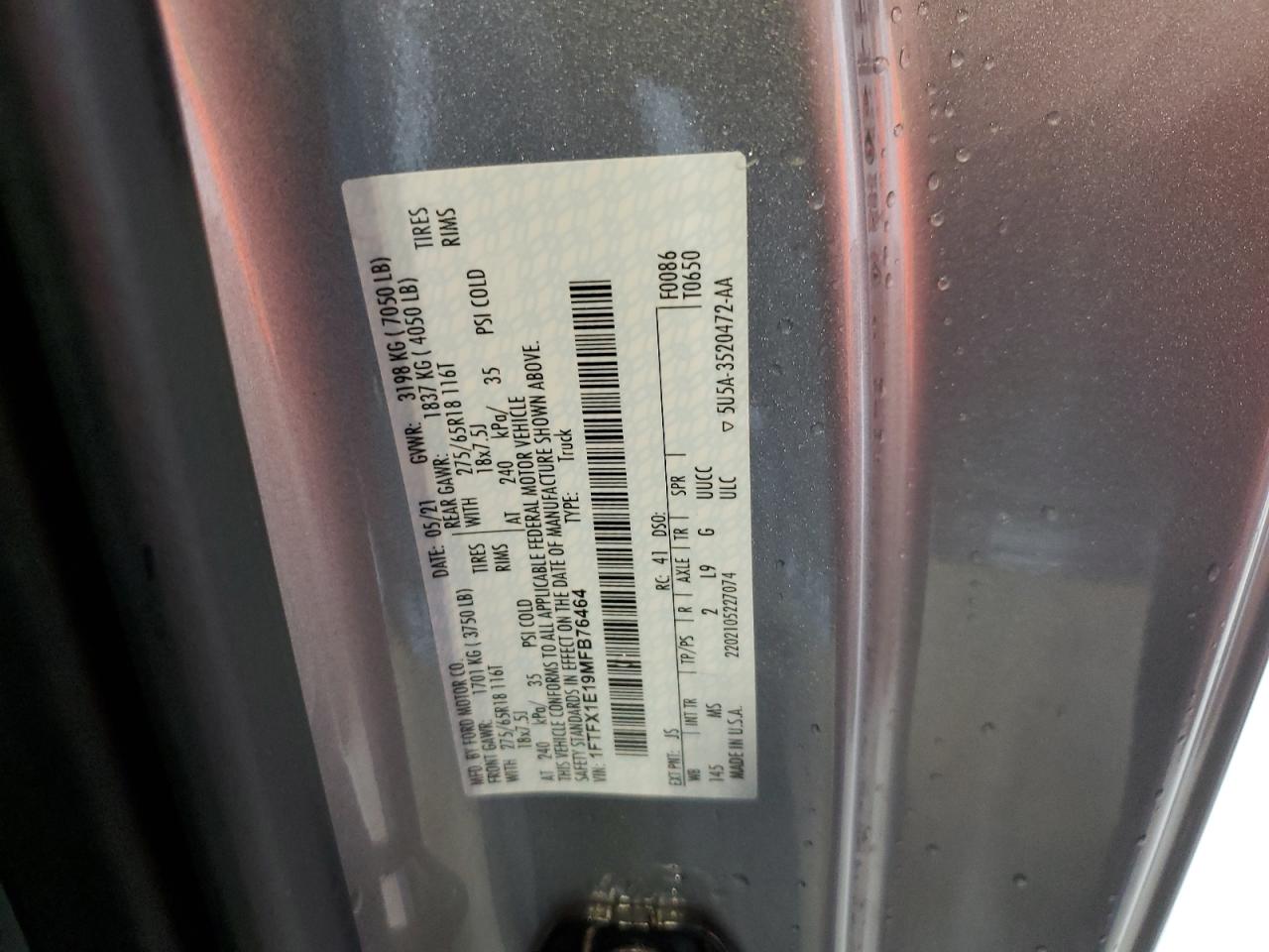 1FTFX1E19MFB76464 FORD F-150 2021