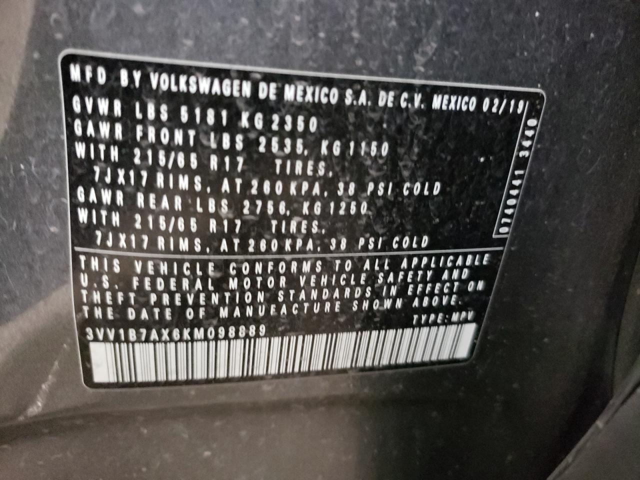 3VV1B7AX6KM098889 2019 Volkswagen Tiguan S