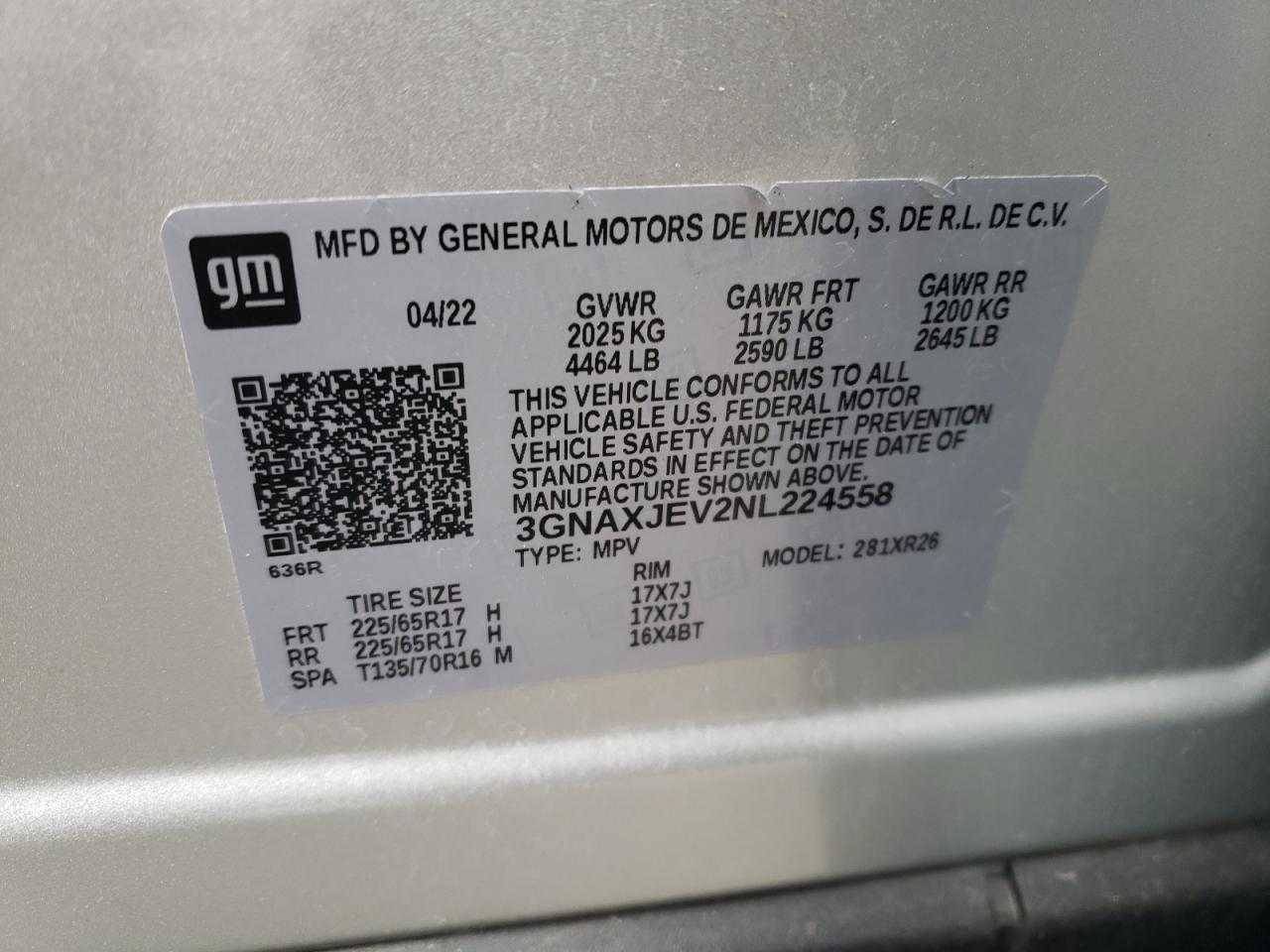 3GNAXJEV2NL224558 2022 Chevrolet Equinox Lt