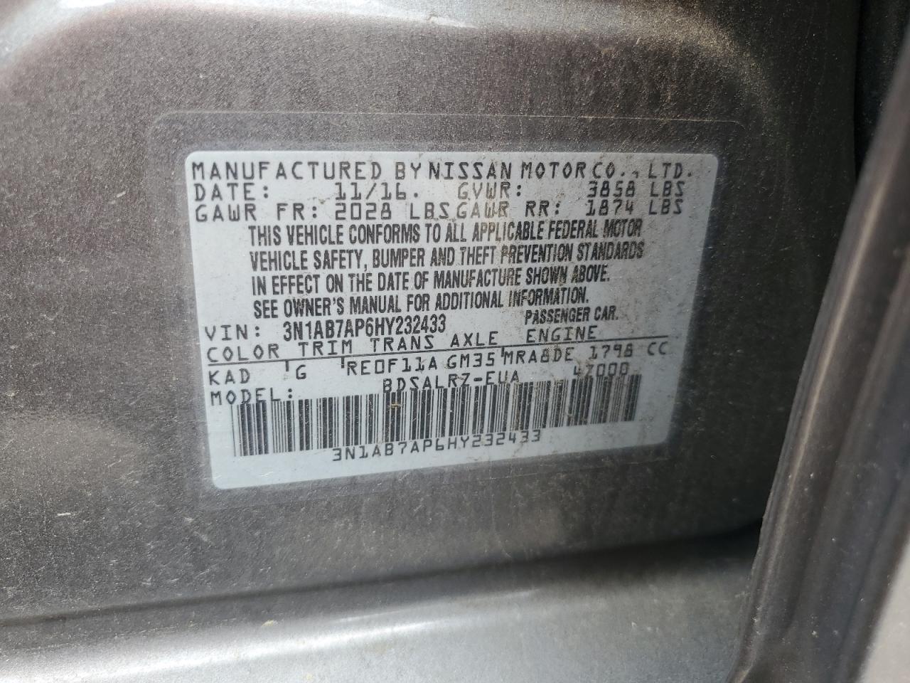 3N1AB7AP6HY232433 2017 Nissan Sentra S