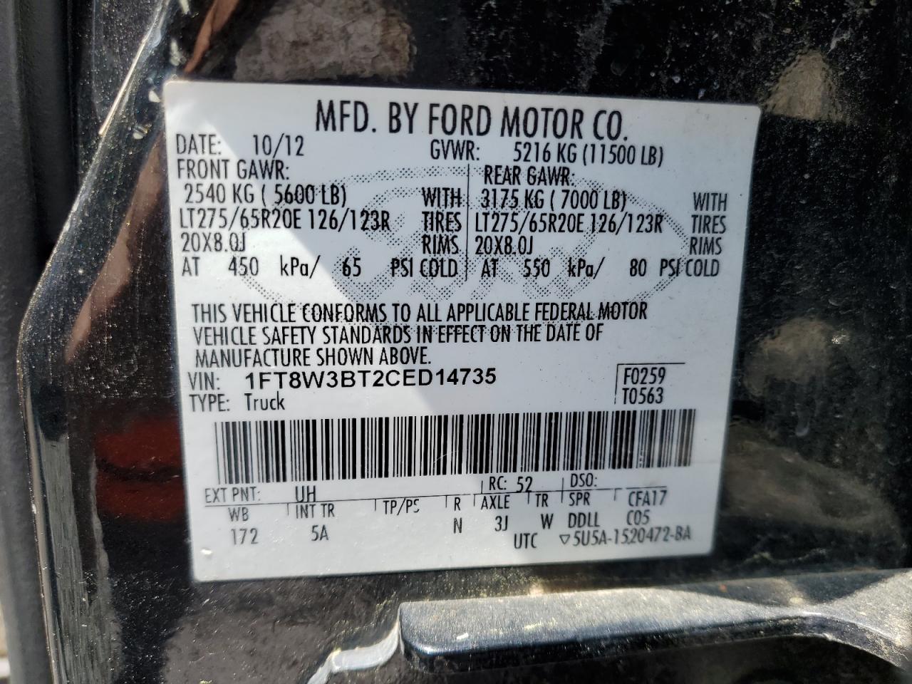1FT8W3BT2CED14735 2012 Ford F350 Super Duty
