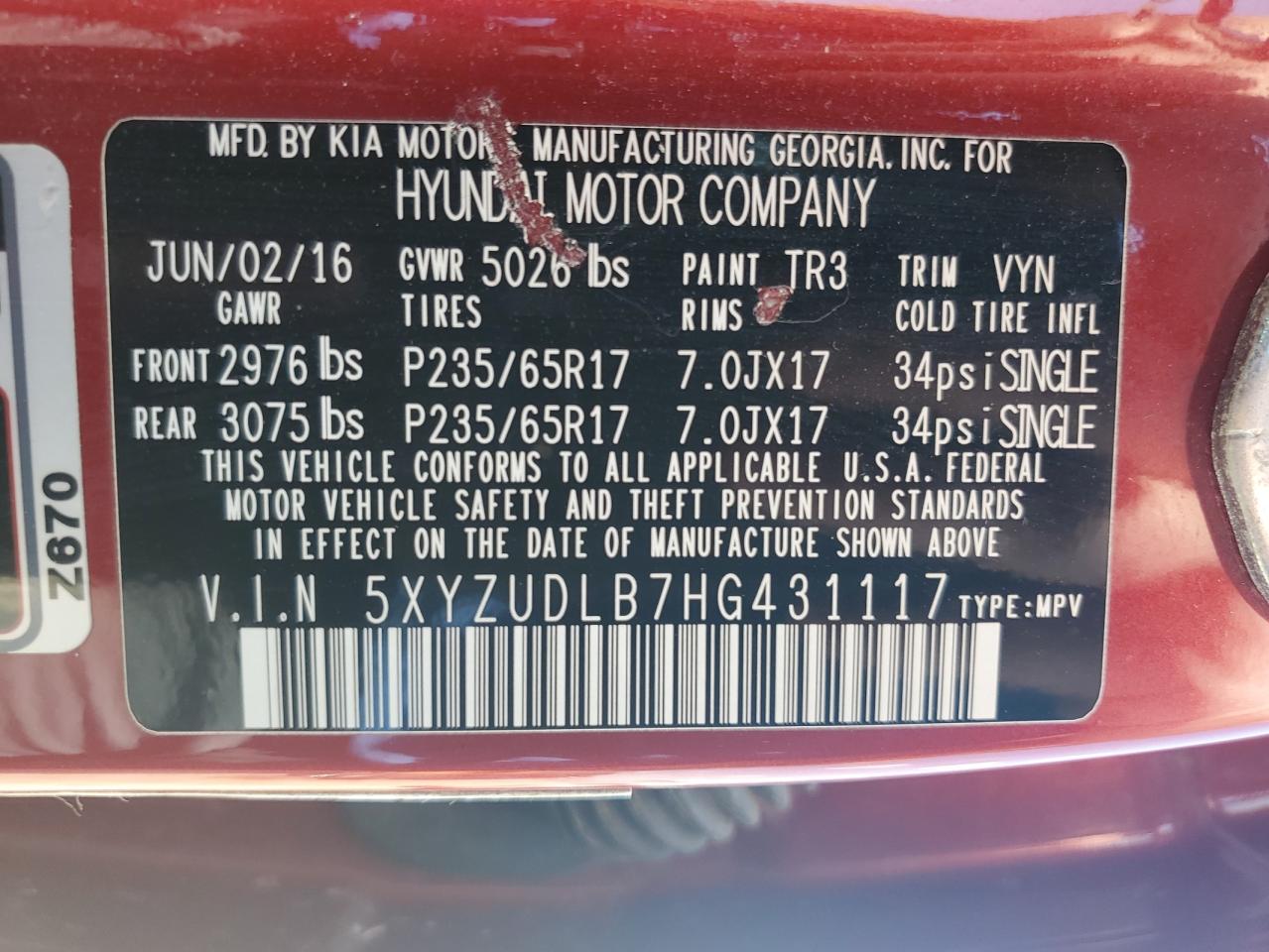 5XYZUDLB7HG431117 2017 Hyundai Santa Fe Sport