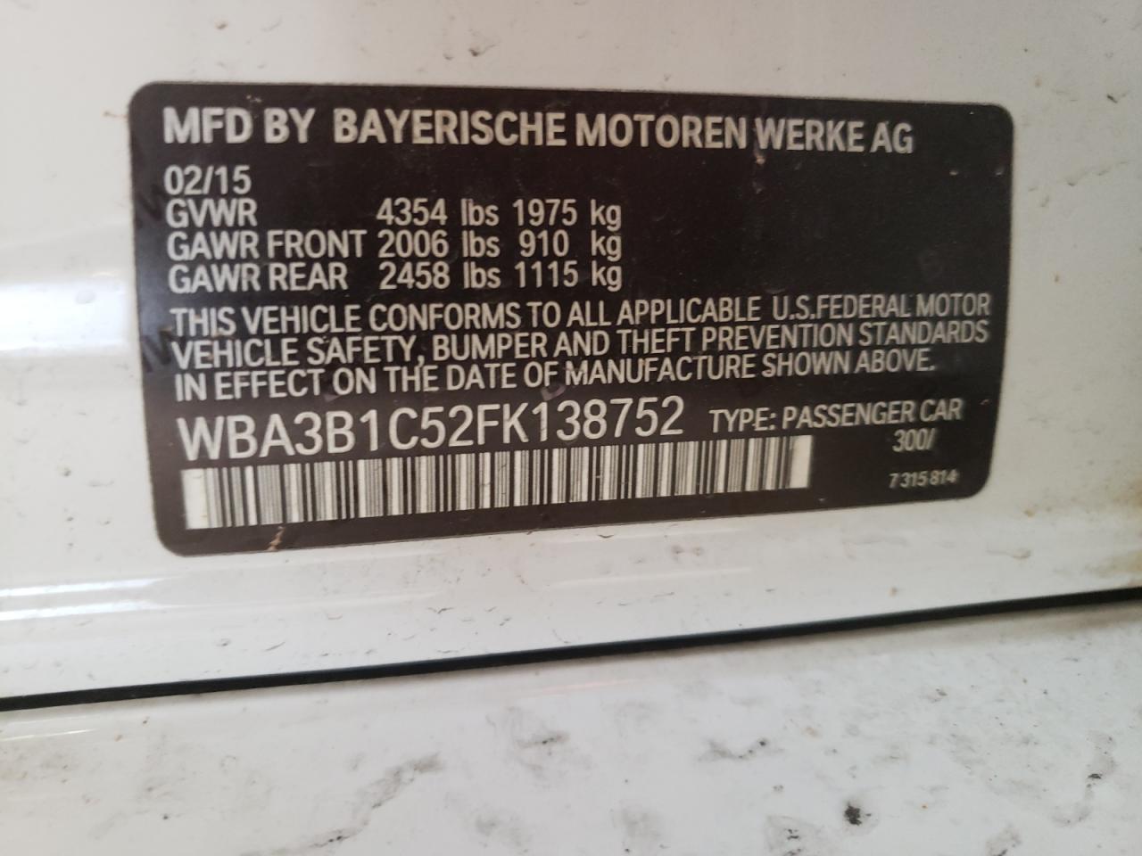 WBA3B1C52FK138752 2015 BMW 320 I