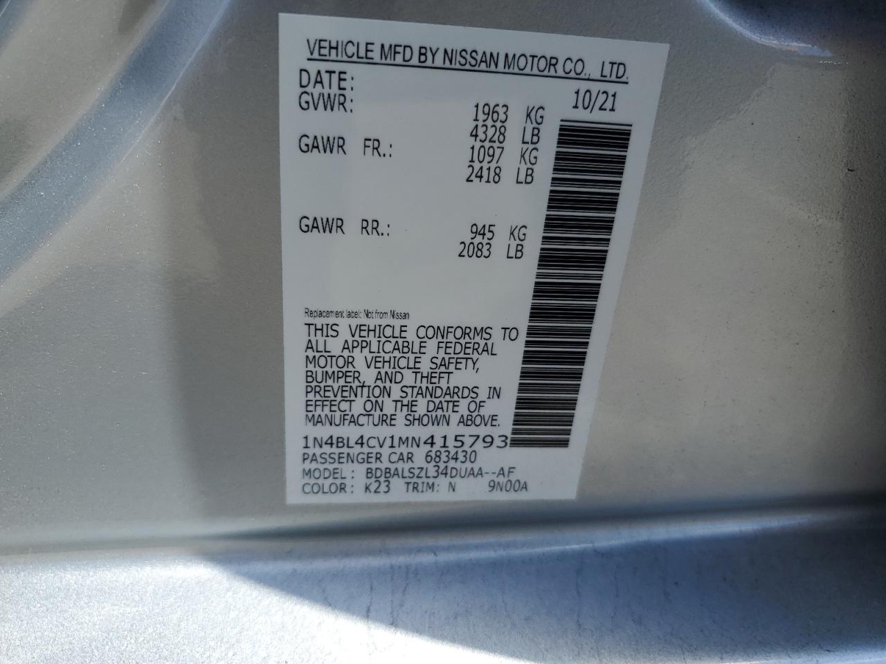 1N4BL4CV1MN415793 2021 Nissan Altima Sr