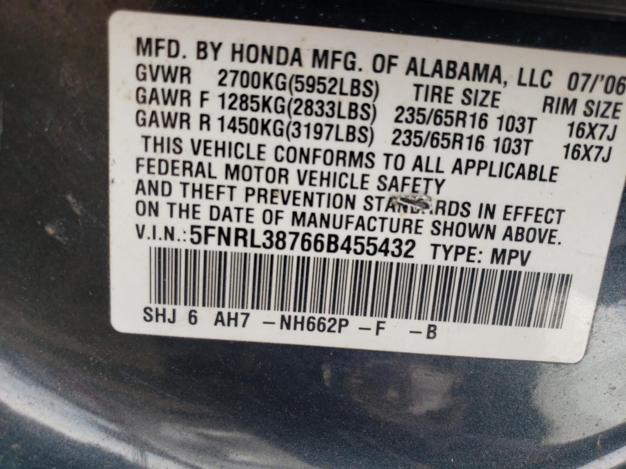 5FNRL38766B455432 2006 Honda Odyssey Exl