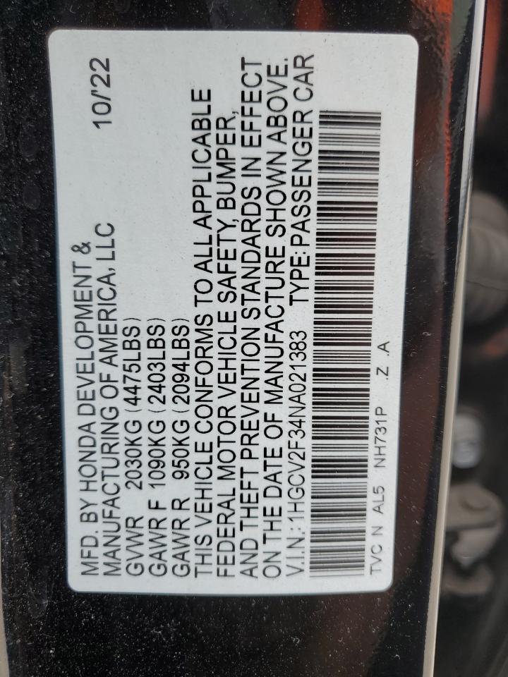 1HGCV2F34NA021383 2022 Honda Accord Sport