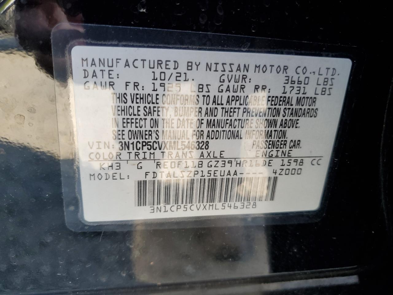 3N1CP5CVXML546328 2021 Nissan Kicks Sv