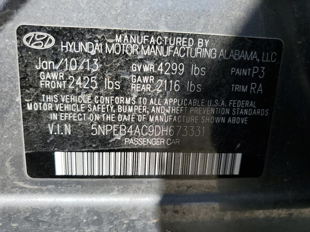 5NPEB4AC9DH673331 2013 Hyundai Sonata Gls