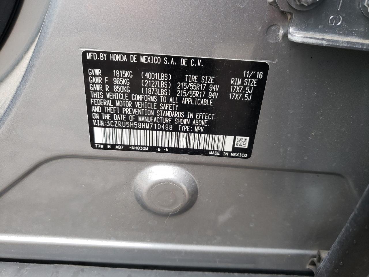 3CZRU5H58HM710498 2017 Honda Hr-V Ex