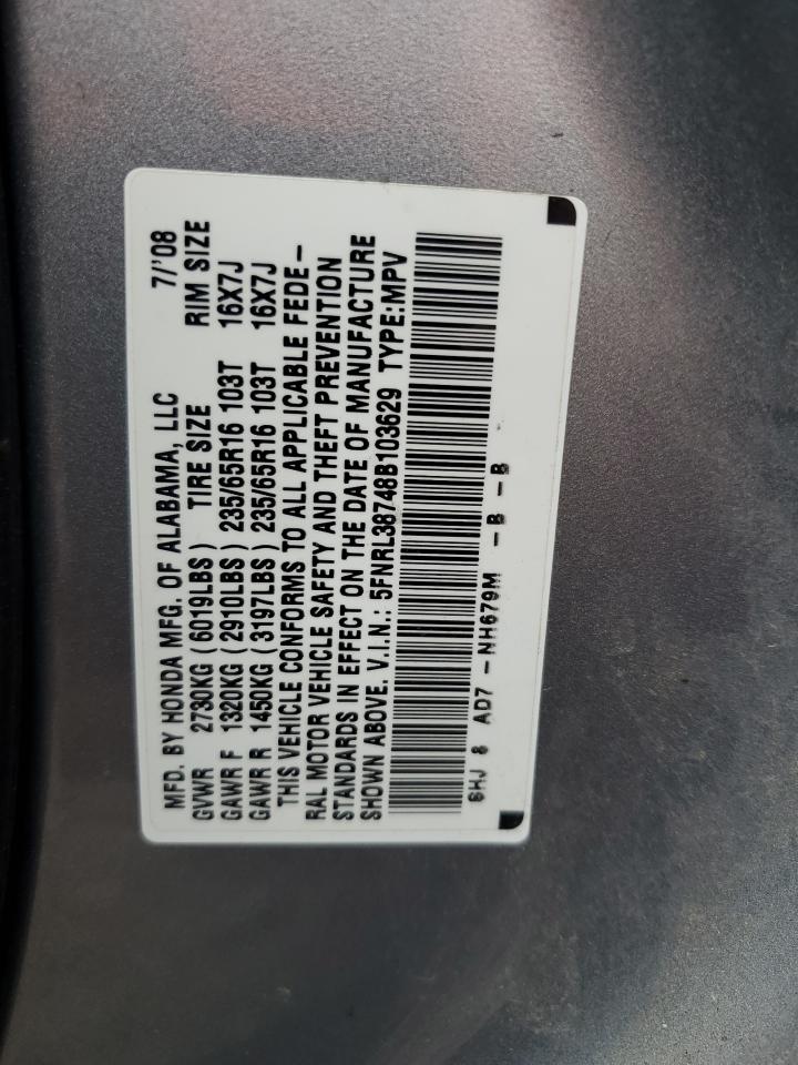 5FNRL38748B103629 2008 Honda Odyssey Exl