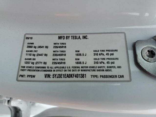 2019 Tesla Model 3 VIN: 5YJ3E1EA0KF401381 Lot: 55367594