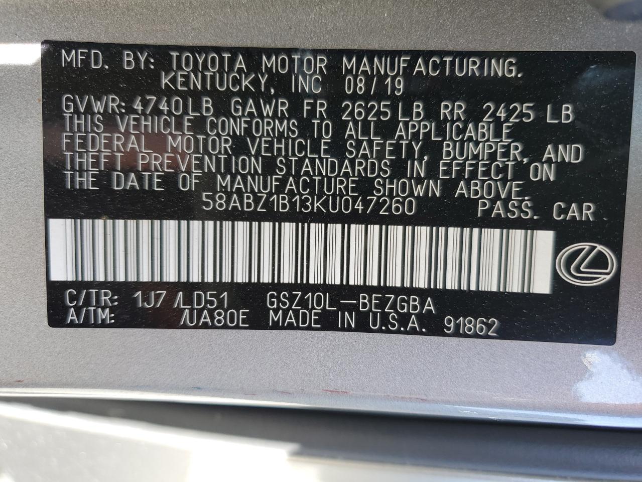 58ABZ1B13KU047260 2019 Lexus Es 350