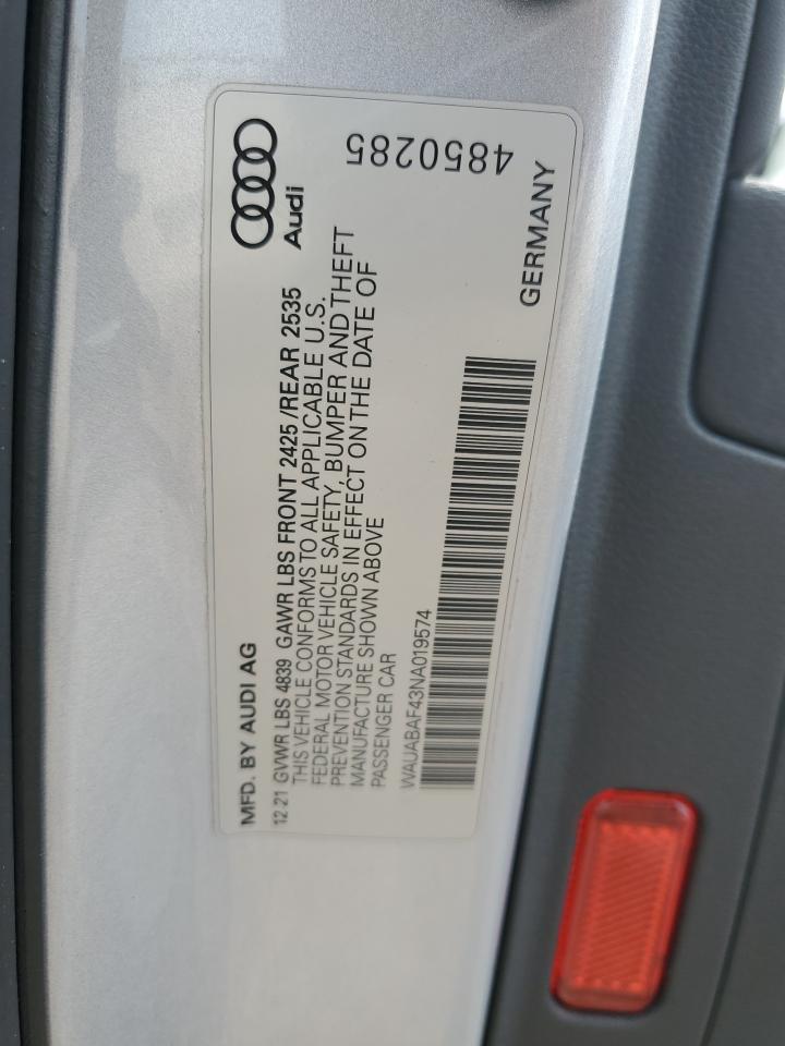 2022 Audi A4 Premium 40 vin: WAUABAF43NA019574