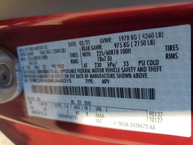 2021 Ford Escape Sel VIN: 1FMCU0H69MUA49315 Lot: 55179094