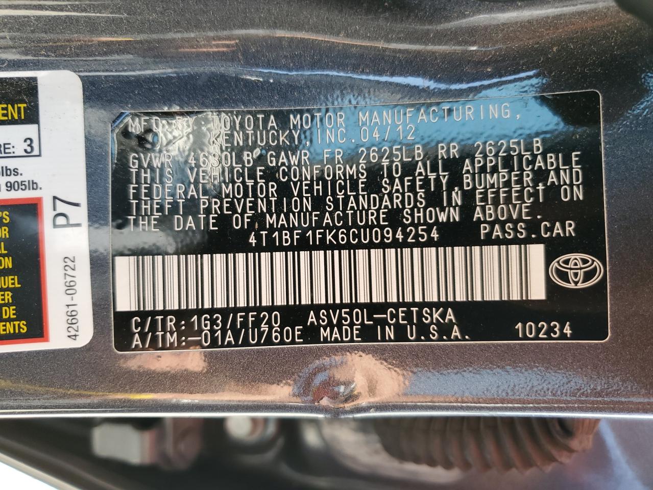 4T1BF1FK6CU094254 2012 Toyota Camry Base