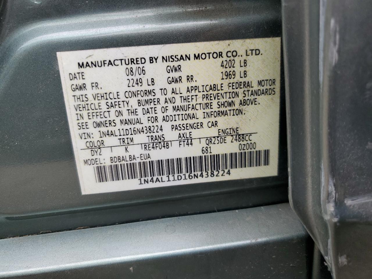 1N4AL11D16N438224 2006 Nissan Altima S