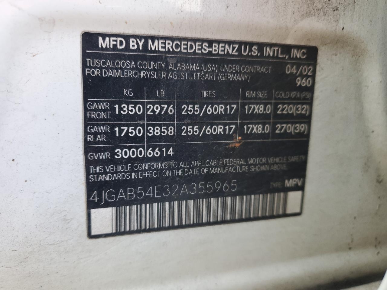 4JGAB54E32A355965 2002 Mercedes-Benz Ml 320