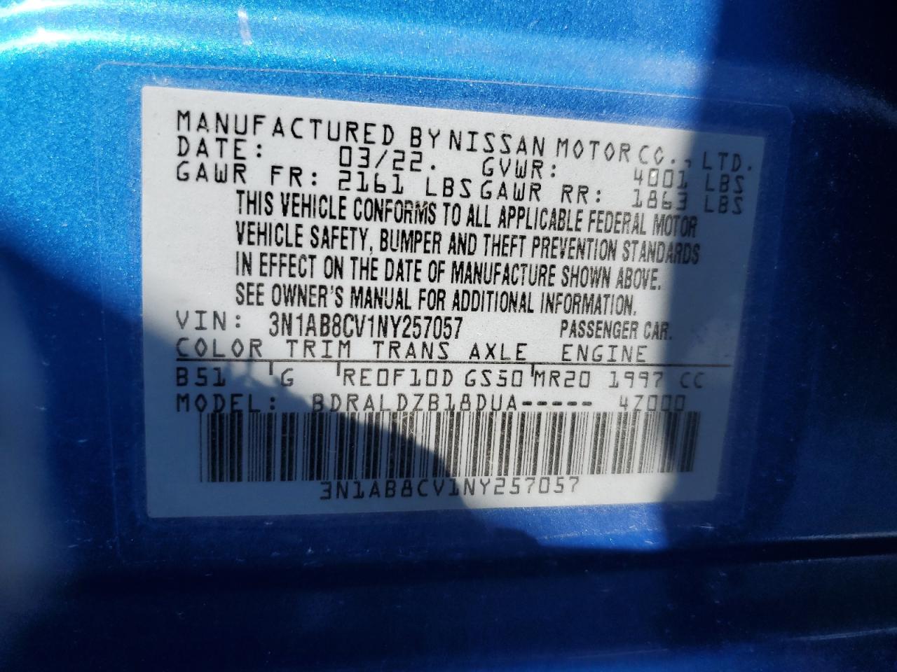 3N1AB8CV1NY257057 2022 Nissan Sentra Sv