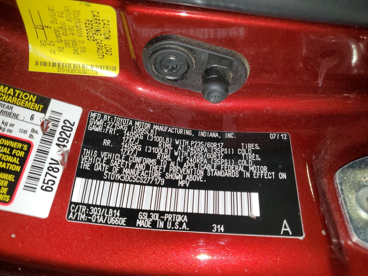 5TDYK3DC5CS277179 2012 Toyota Sienna Xle