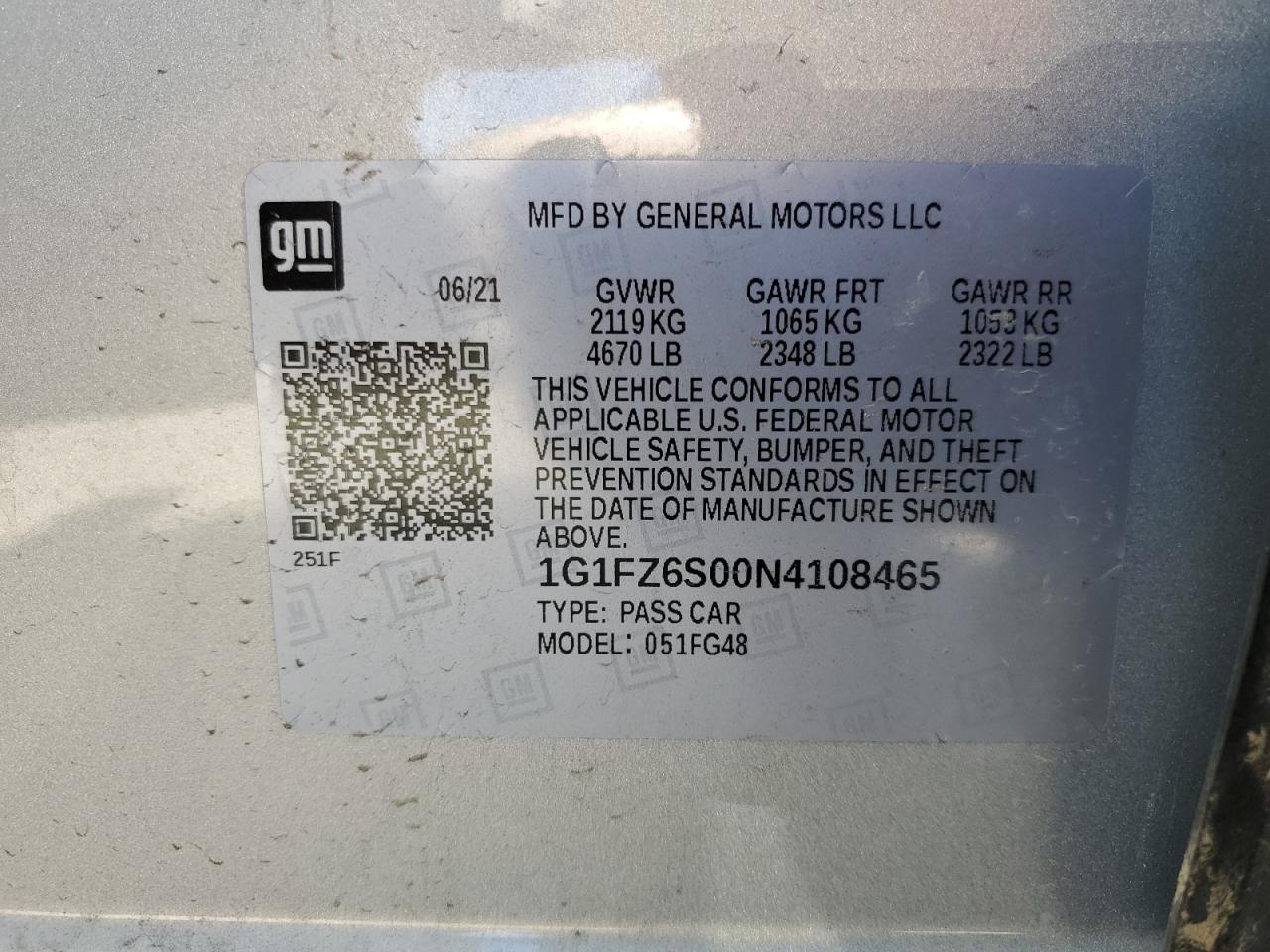 1G1FZ6S00N4108465 2022 Chevrolet Bolt Euv Premier