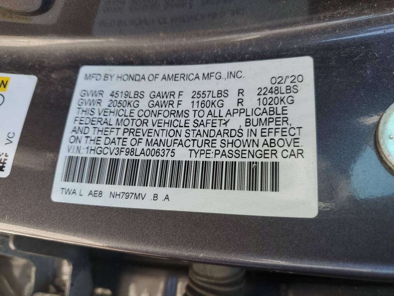 1HGCV3F98LA006375 2020 Honda Accord Touring Hybrid