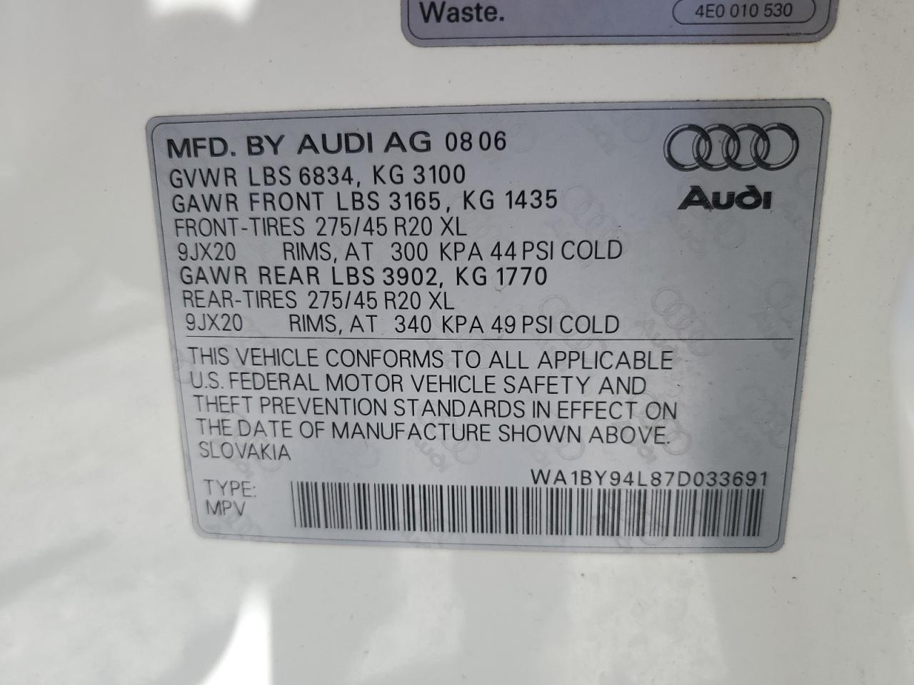 WA1BY94L87D033691 2007 Audi Q7 3.6 Quattro Premium