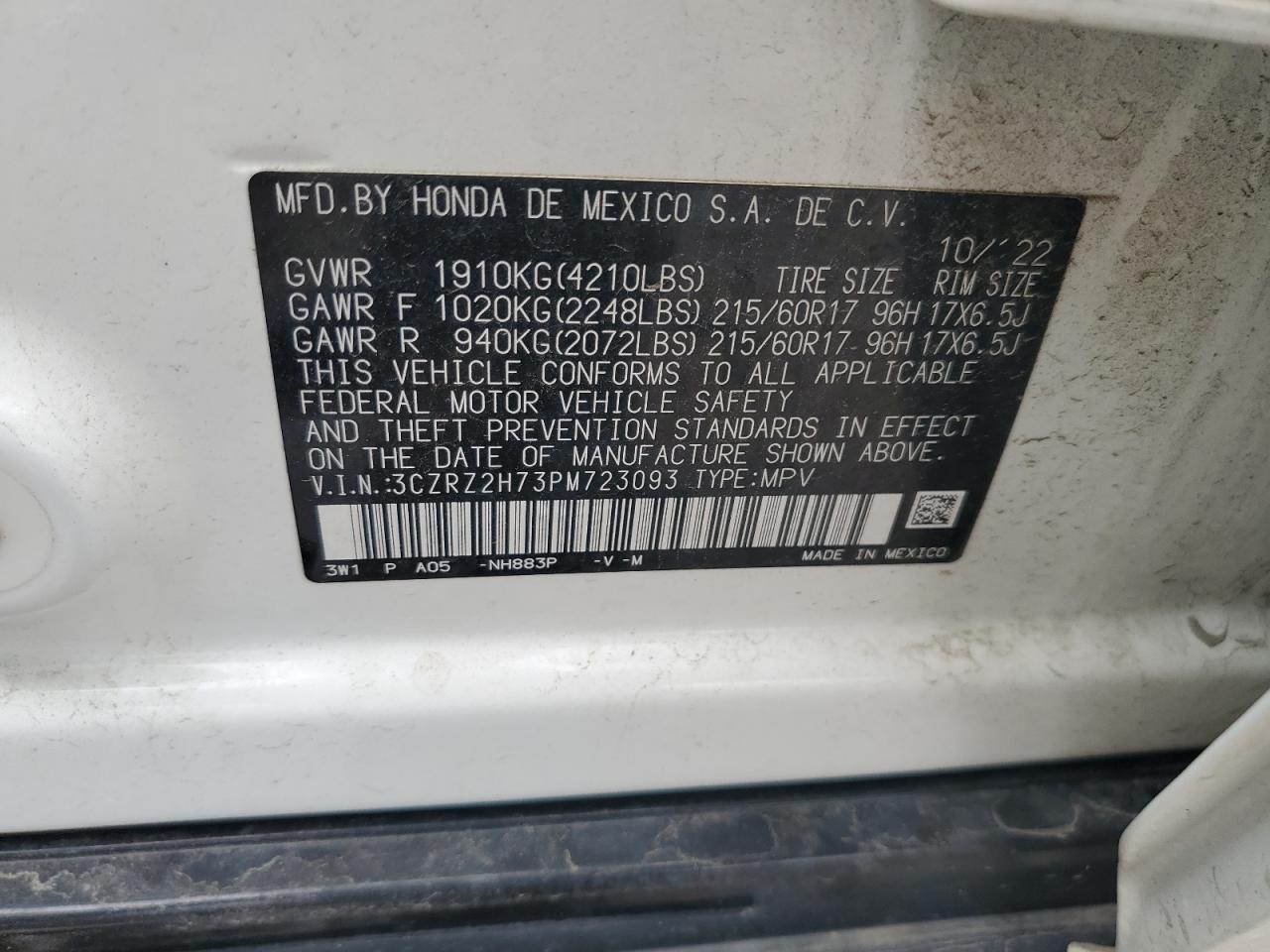 3CZRZ2H73PM723093 2023 Honda Hr-V Exl