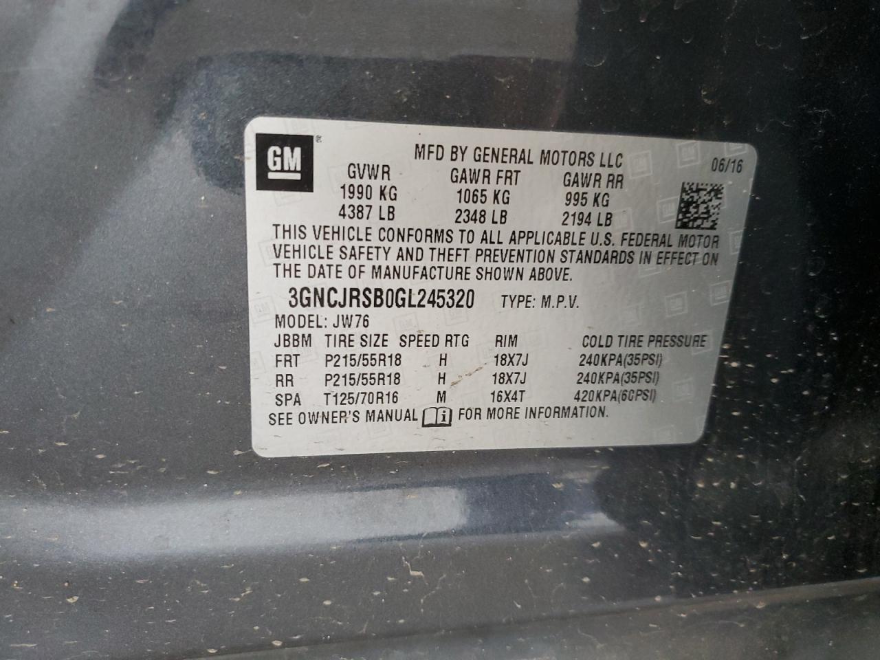 3GNCJRSB0GL245320 2016 Chevrolet Trax Ltz