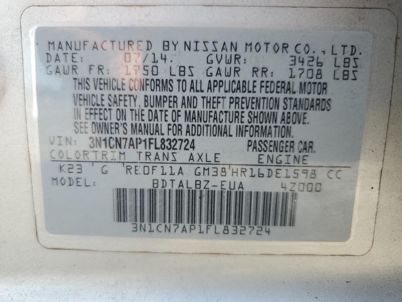 3N1CN7AP1FL832724 2015 Nissan Versa S