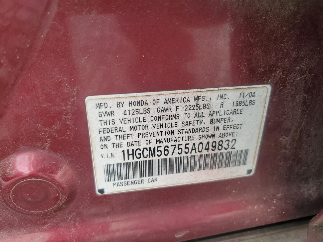 1HGCM56755A049832 2005 Honda Accord Ex